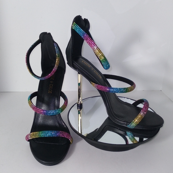 Chase + Chloe Women's Black/Multicolor 3 Strap Zip Up Heels Size 8 - Picture 7 of 10